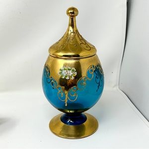Venetian Blue Gold Glass Footed Covered Candy Jar hand painted flowers gilt